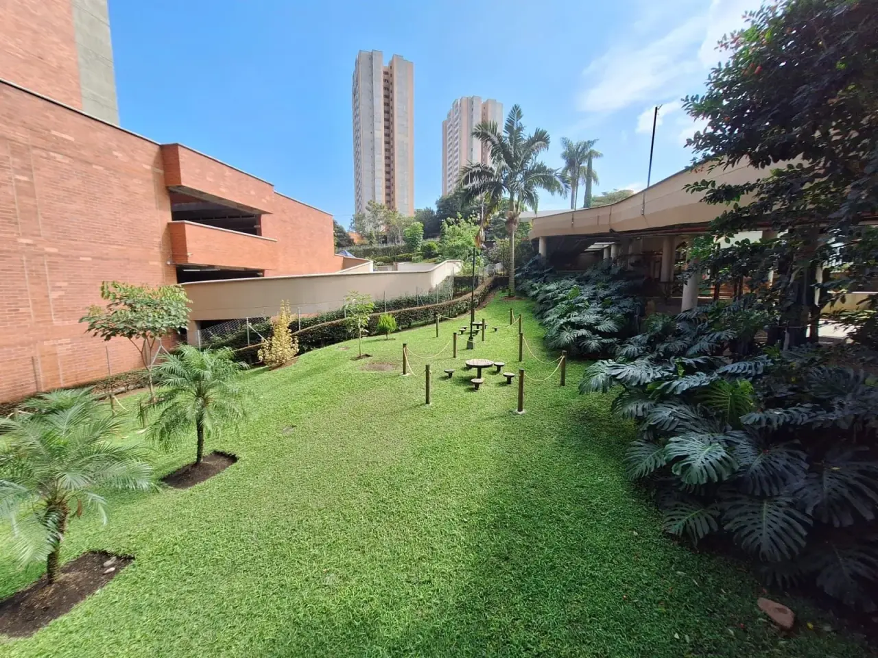 Landscaped garden with palms and lawn inside Maderos del Campo, Sabaneta