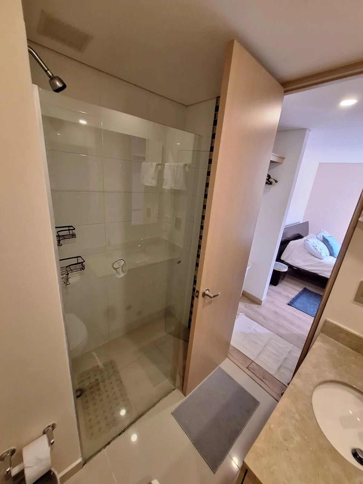 Second bathroom with a glass shower, opening onto a bedroom, at Sabaneta Parkside